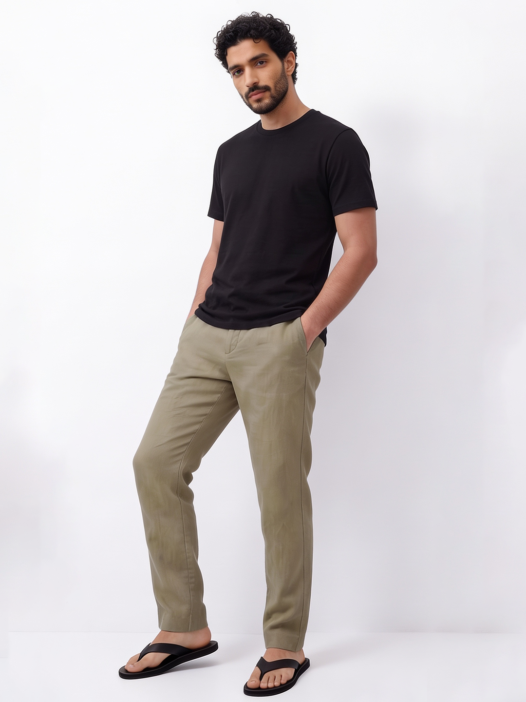 Men's Olive 100% Linen Regular Fit Pant