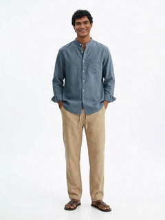 Men's Blue Linen Cotton Regular Fit Shirt