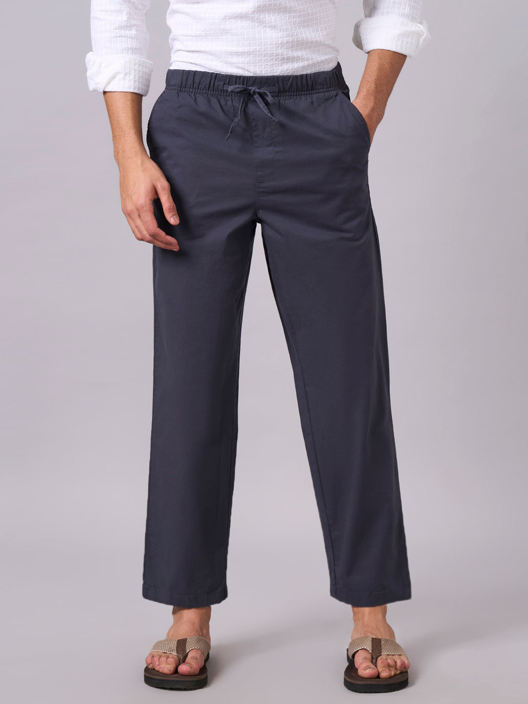 Men's Navy Cotton Lycra Regular Fit Pant