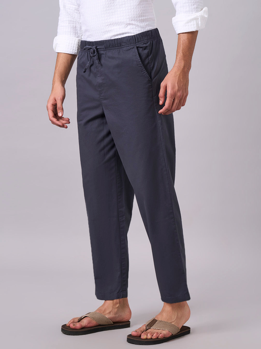 Men's Navy Cotton Lycra Regular Fit Pant