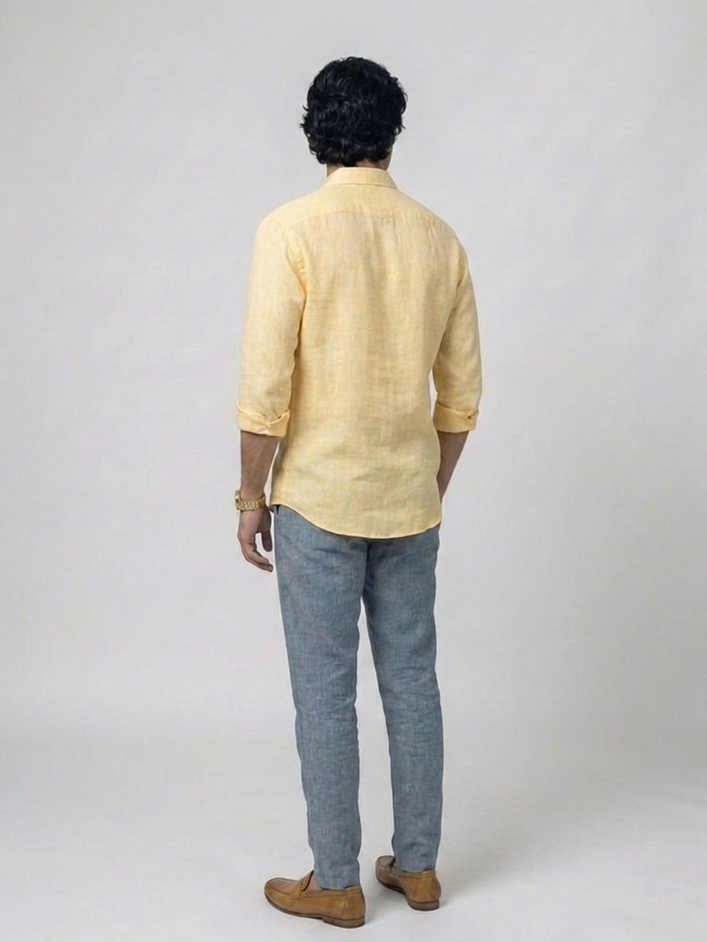 Men's Yellow 100% Linen Regular Fit Shirt