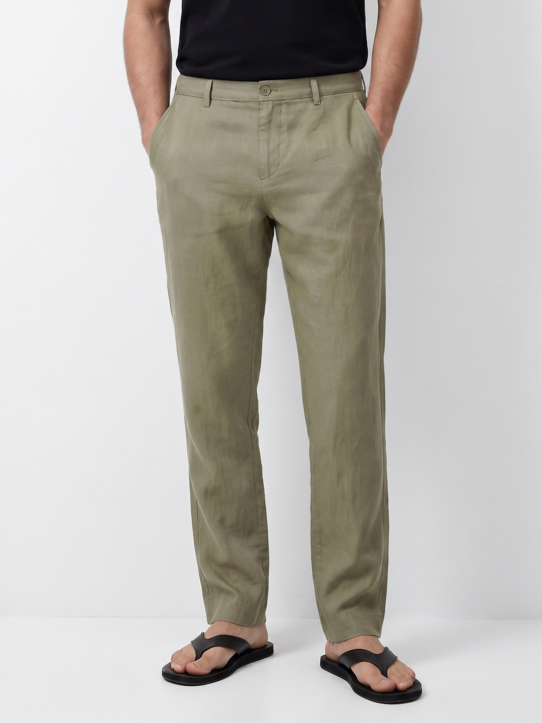 Men's Green Cotton Linen Slim Fit Pant