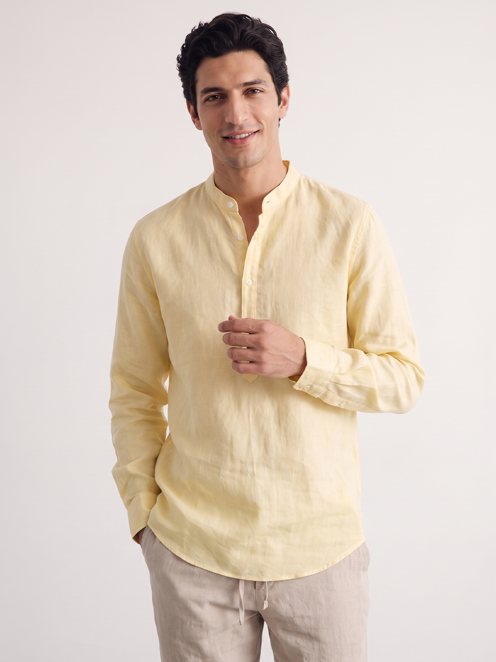 Men's Yellow Tencel Linen Regular Fit Shirt