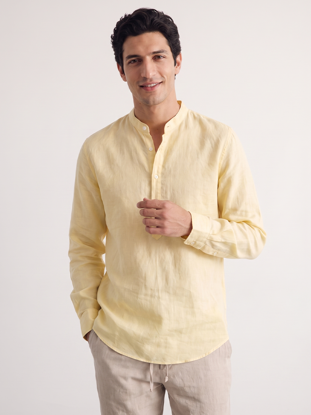 Men's Yellow Tencel Linen Regular Fit Shirt