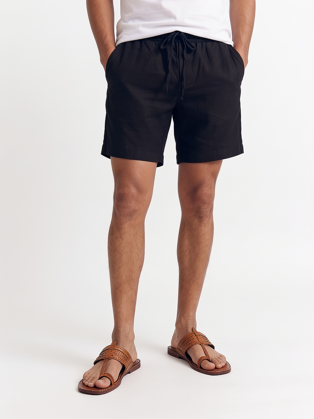 Men's Black Cotton Linen Regular Fit Shorts