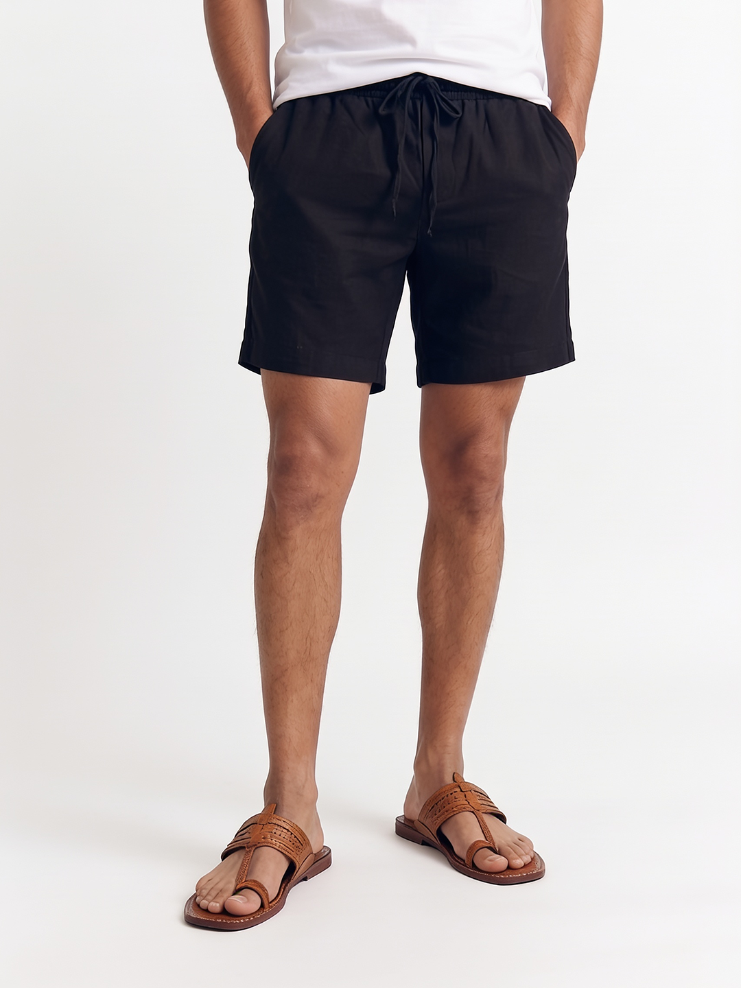 Men's Black Cotton Linen Regular Fit Shorts