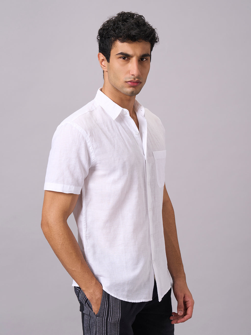 Men's Half Sleeves Cotton Linen Regular Fit Shirt White