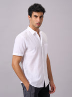 Men's Half Sleeves Cotton Linen Regular Fit Shirt White