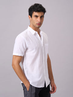 Men’s Cotton Linen Regular Fit Half Sleeve Shirt White