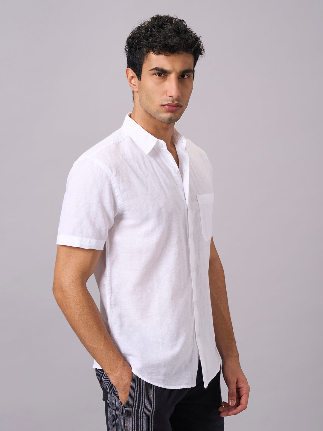 Men's White A Cotton Linen Regular Fit Shirt