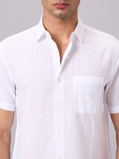 Men’s Cotton Linen Regular Fit Half Sleeve Shirt White