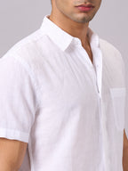 Men's Half Sleeves Cotton Linen Regular Fit Shirt White