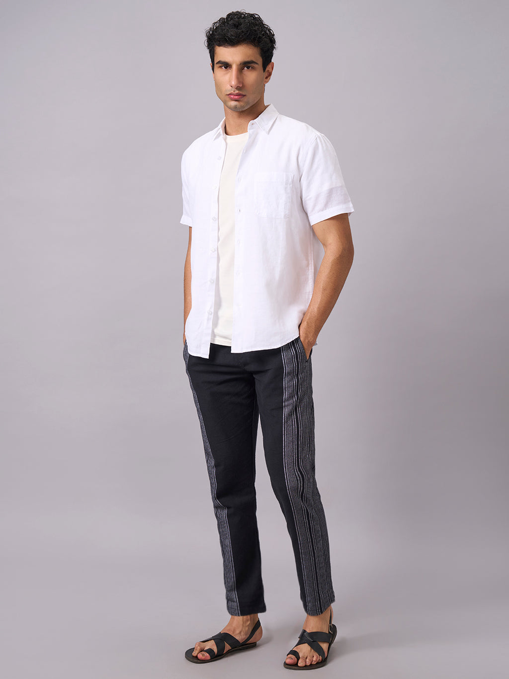 Men's Half Sleeves Cotton Linen Regular Fit Shirt White