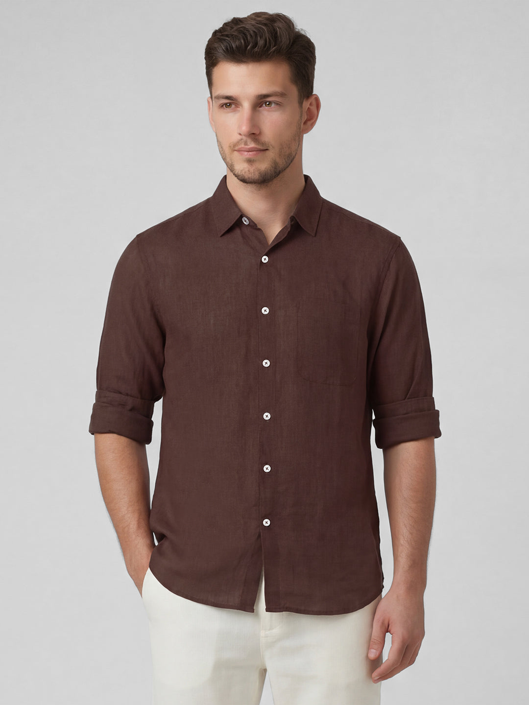 Men's Brown 100% Linen Regular Fit Shirt