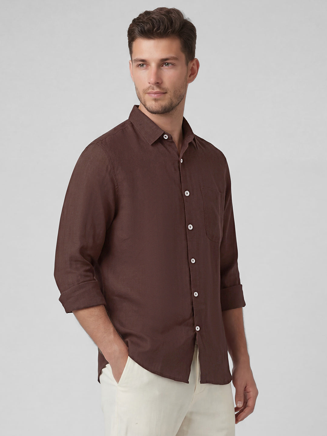 Men's Brown 100% Linen Regular Fit Shirt