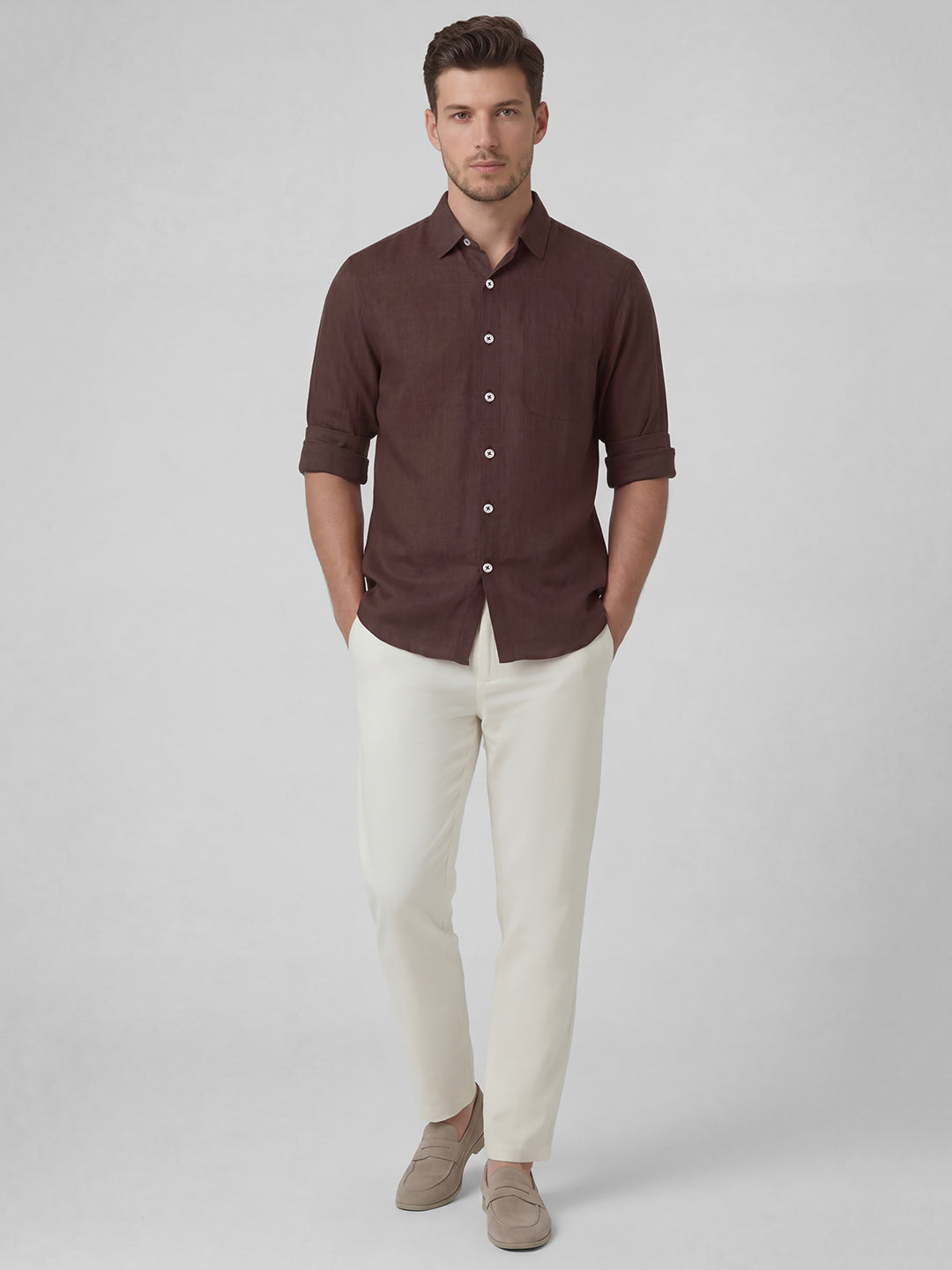 Men's Brown 100% Linen Regular Fit Shirt