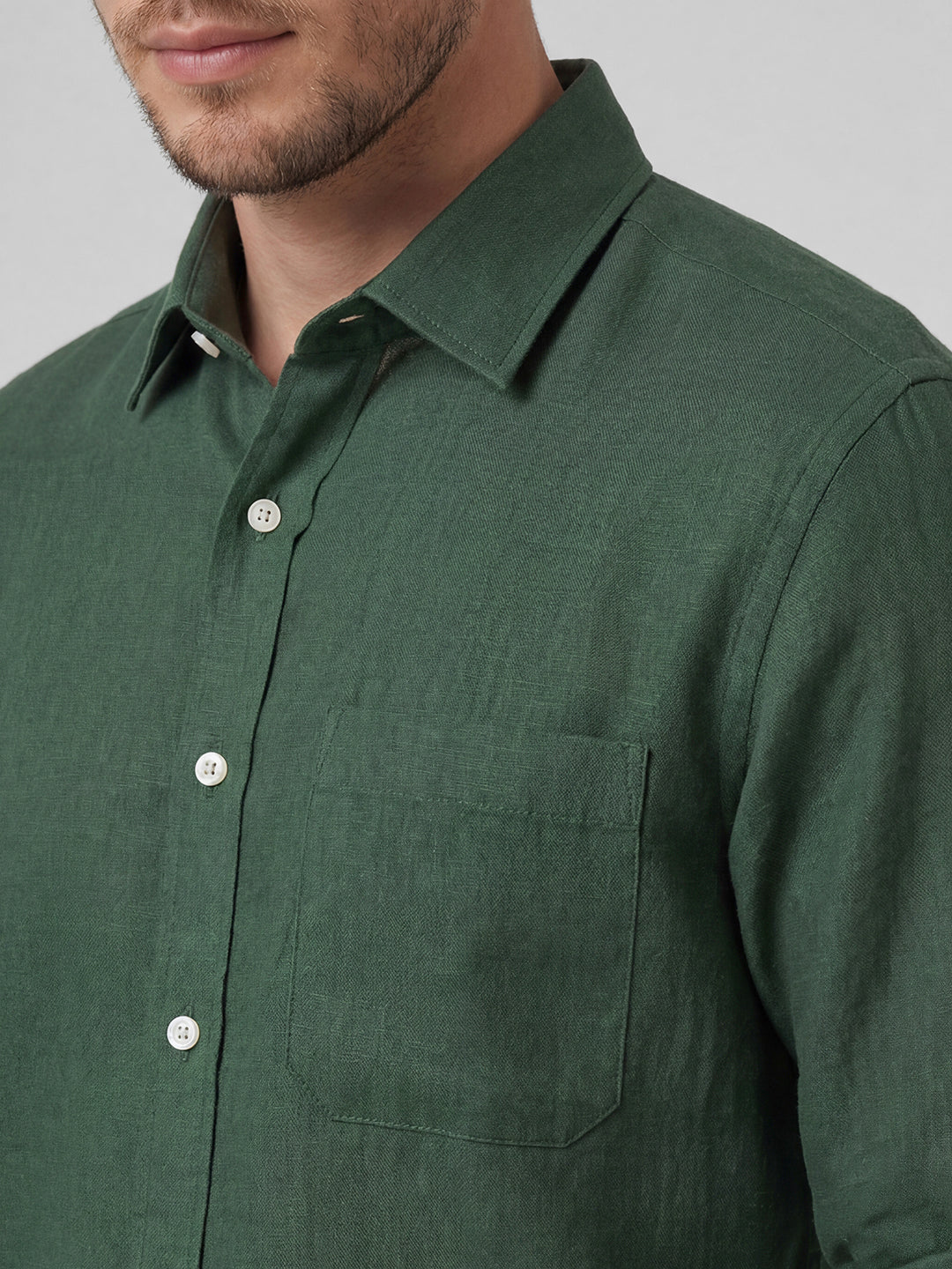 Men's Green 100% Linen Regular Fit Shirt