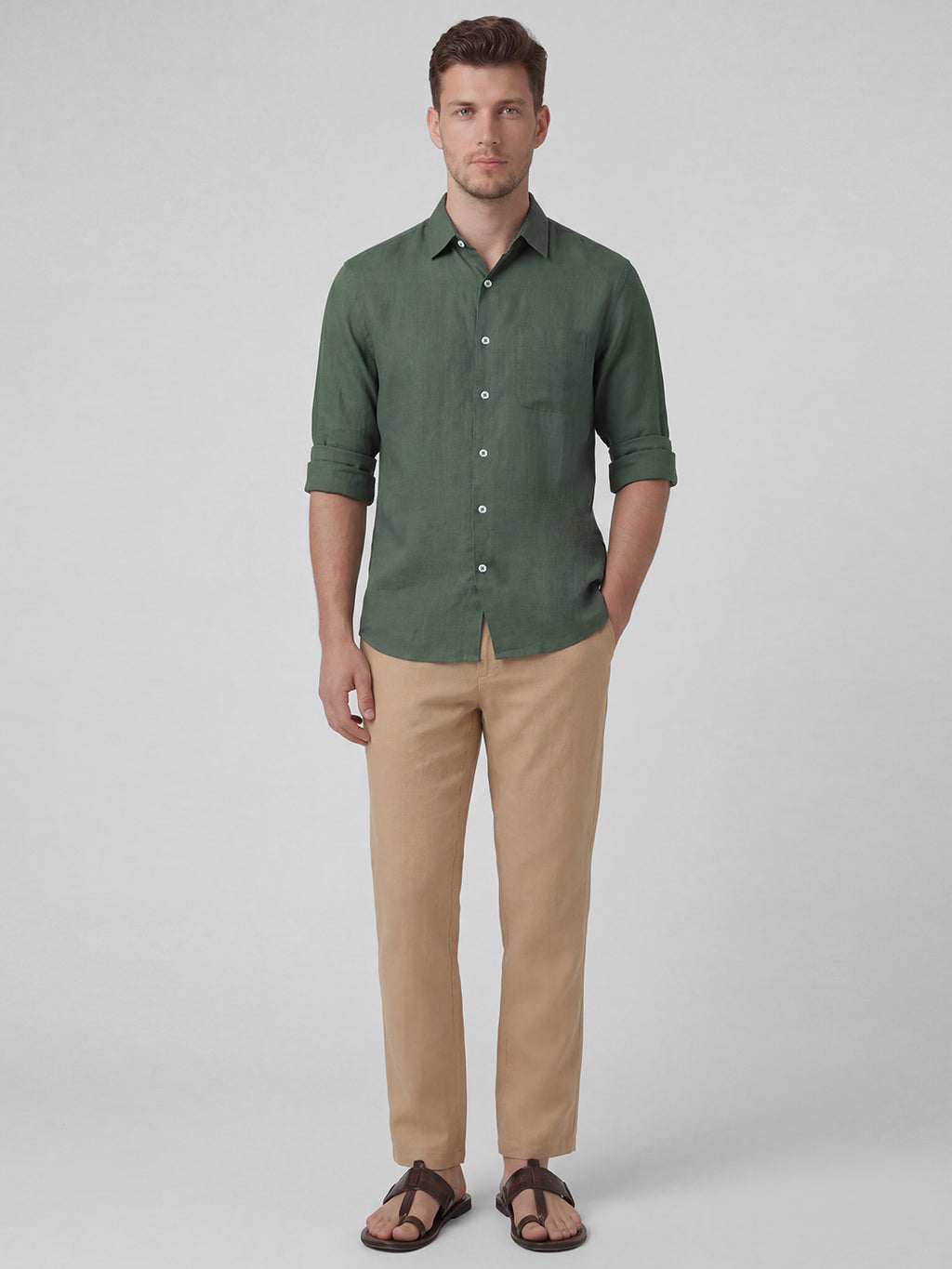 Men's Green 100% Linen Regular Fit Shirt