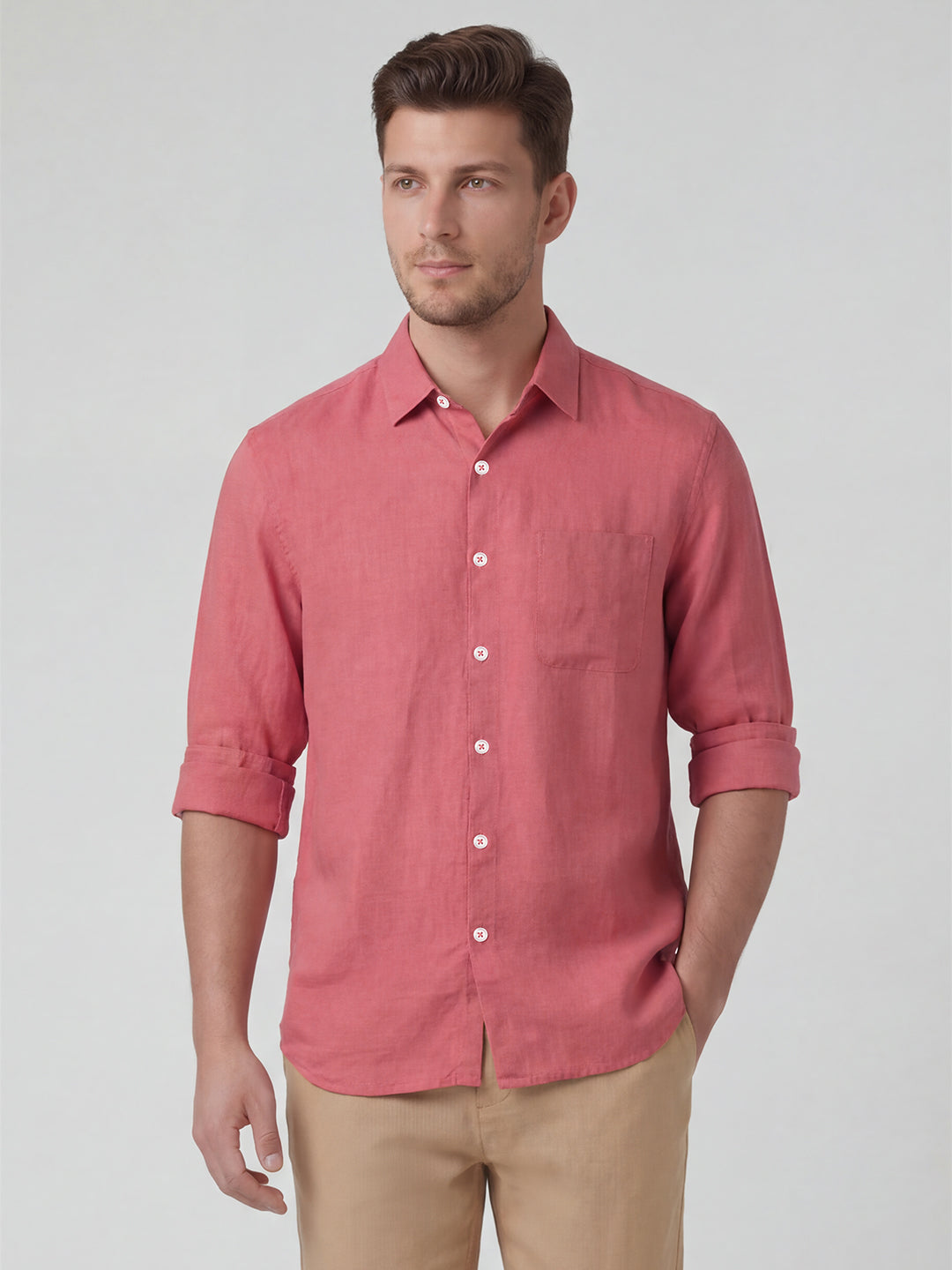 Men's Red 100% Linen Regular Fit Shirt