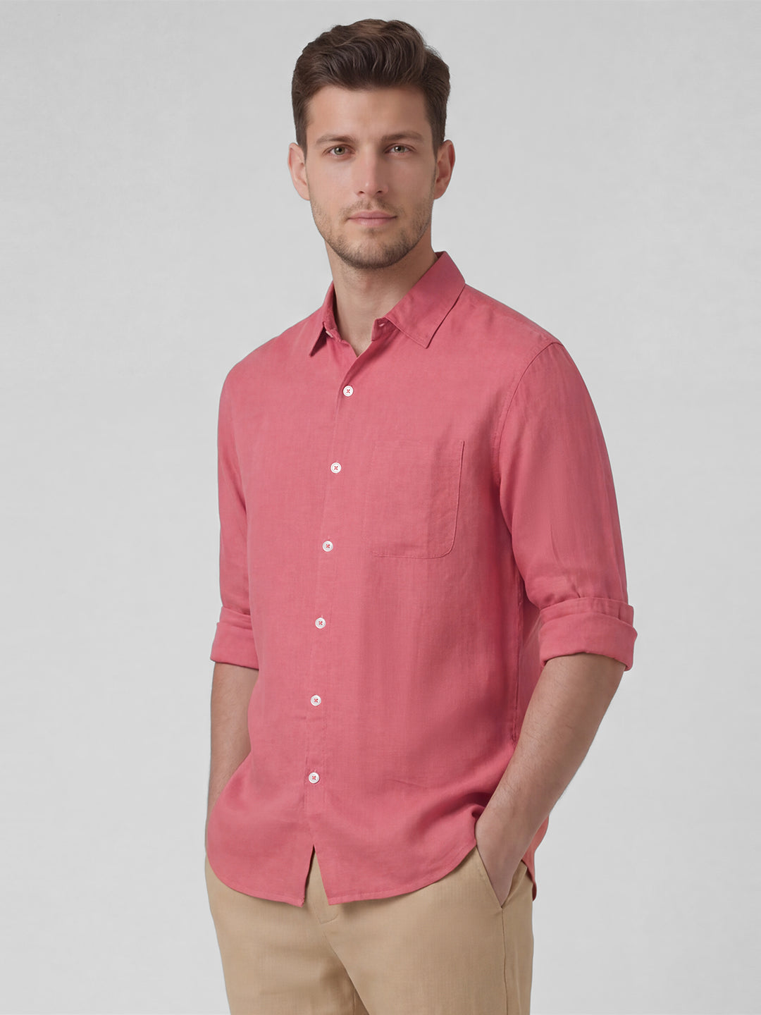 Men's Red 100% Linen Regular Fit Shirt