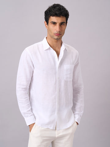 Men's Full Sleeves Cotton Linen Regular Fit Shirt White