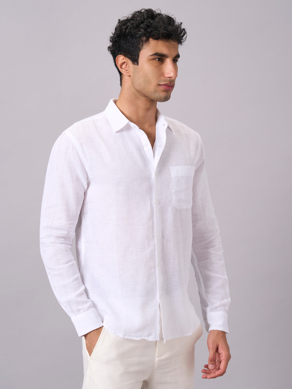 Men's Full Sleeves Cotton Linen Regular Fit Shirt White