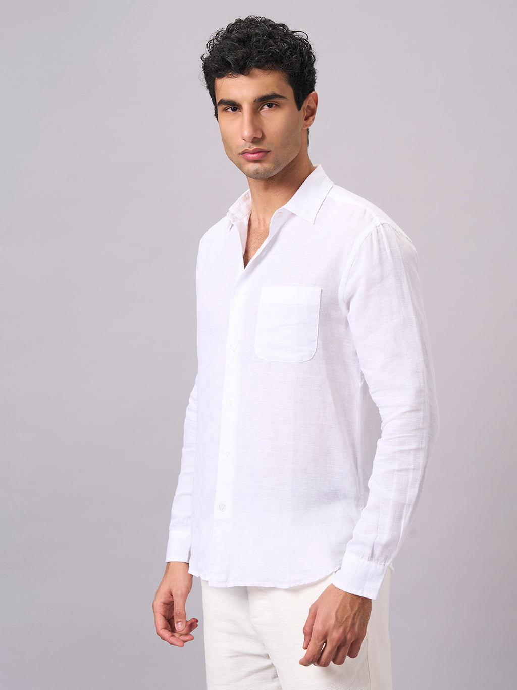 Men's Full Sleeves Cotton Linen Regular Fit Shirt White