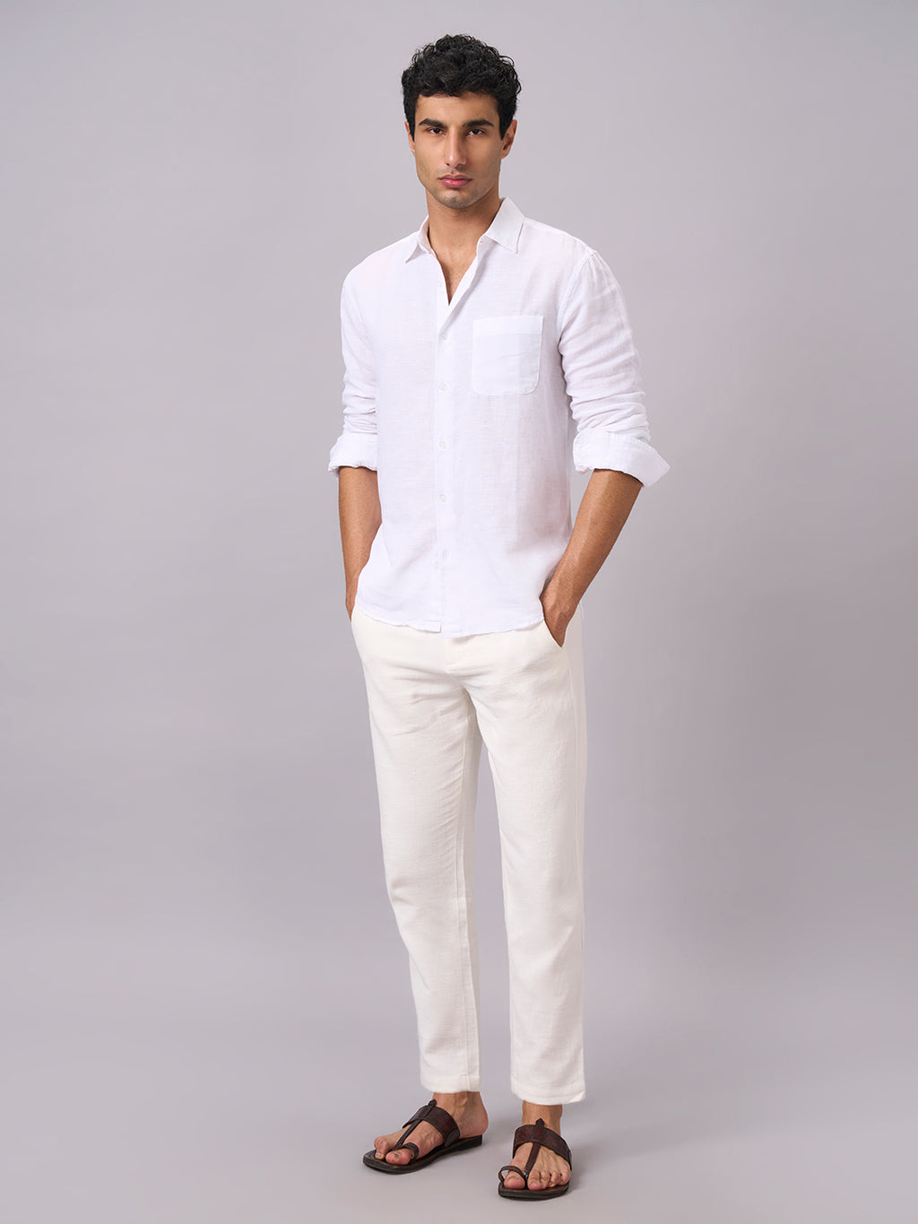 Men's Full Sleeves Cotton Linen Regular Fit Shirt White