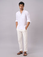 Men's Full Sleeves Cotton Linen Regular Fit Shirt White