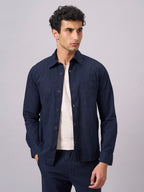 Men's Navy Cotton Linen Regular Fit Jacket