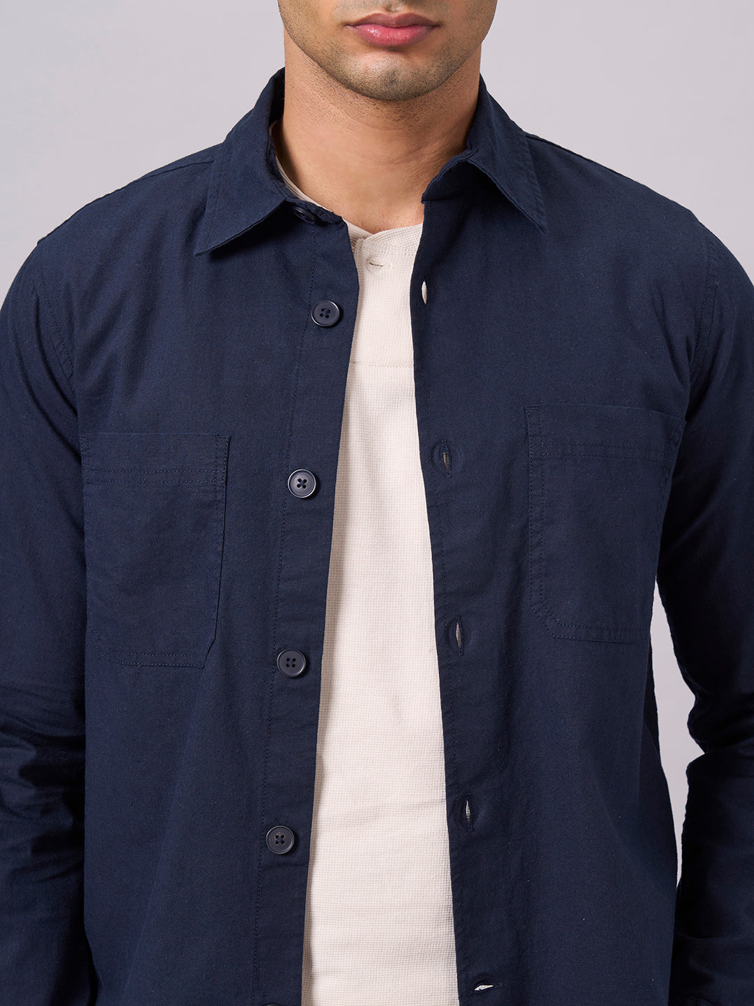 Men's Navy Cotton Linen Regular Fit Jacket