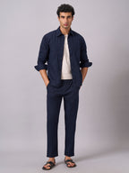 Men's Navy Cotton Linen Regular Fit Jacket