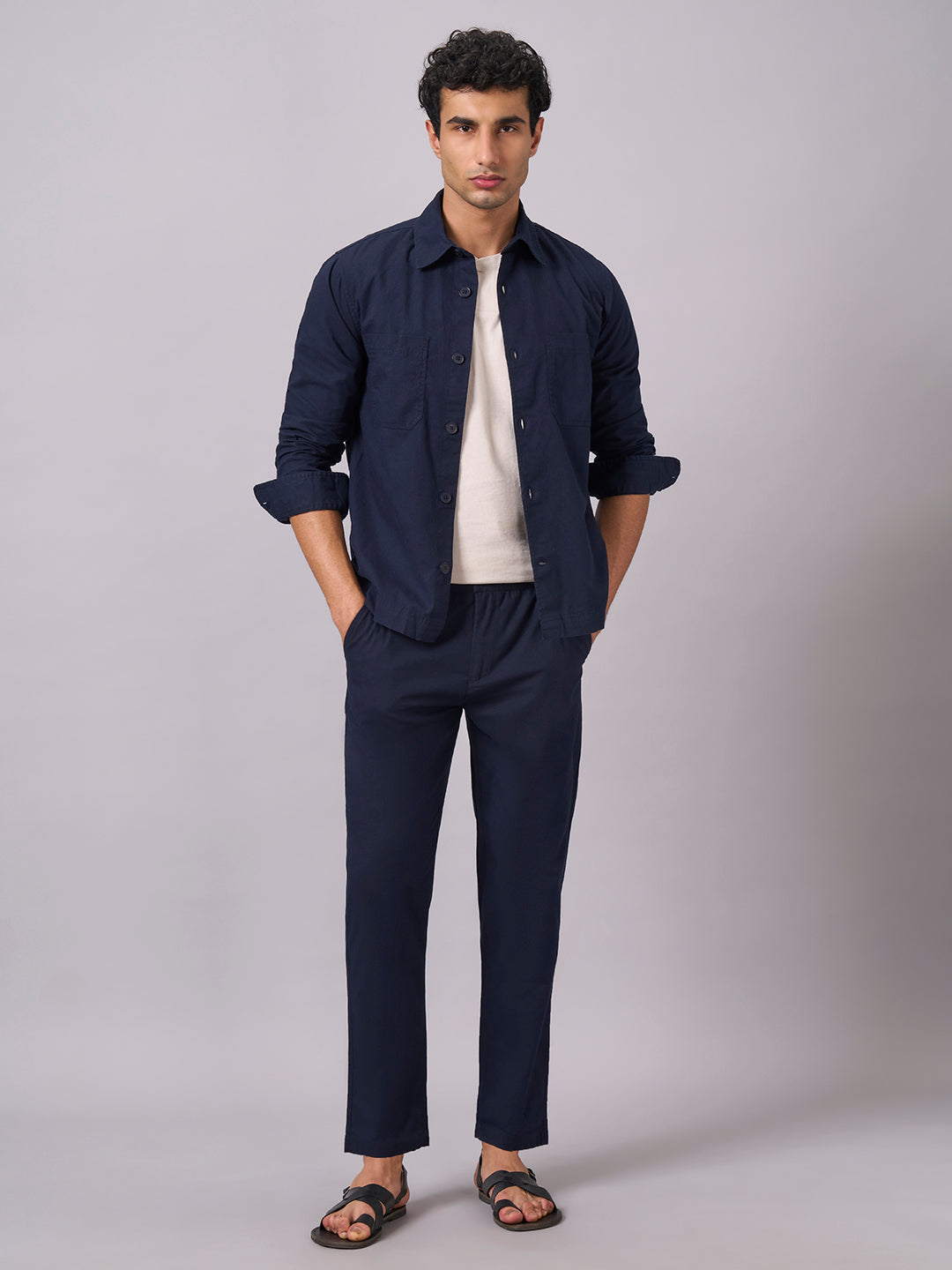 Men's Navy Cotton Linen Regular Fit Jacket