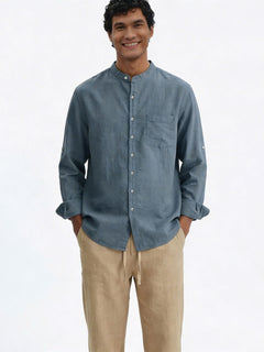 Men's Blue Linen Cotton Regular Fit Shirt