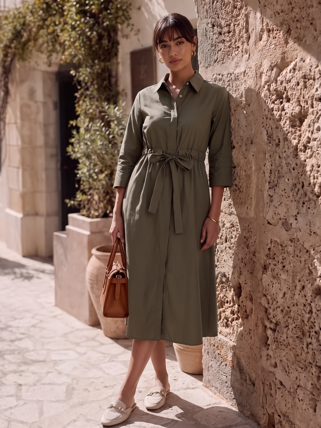 Women's Olive Cotton Lycra Regular Fit Dress