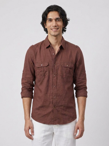 Men's Brown Linen Cotton Regular Fit Shirt