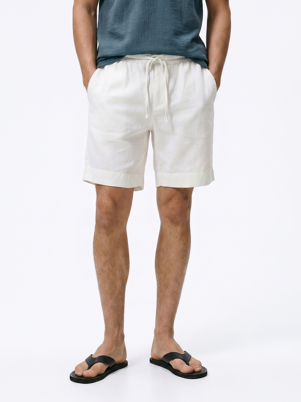 Men's White Cotton Linen Regular Fit Shorts