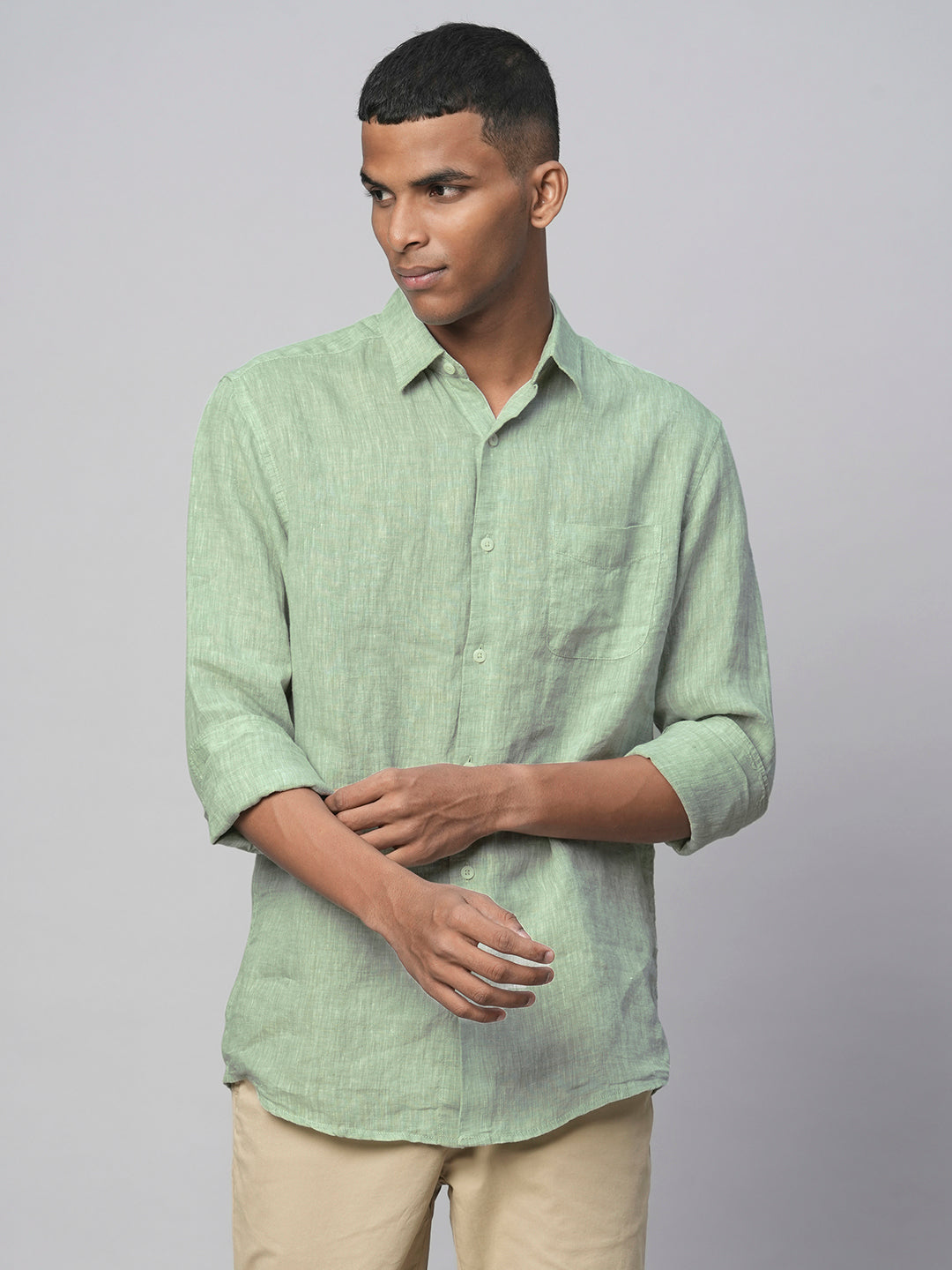 Men's Pista Green 100% Linen Regular Fit Long Sleeved Shirt