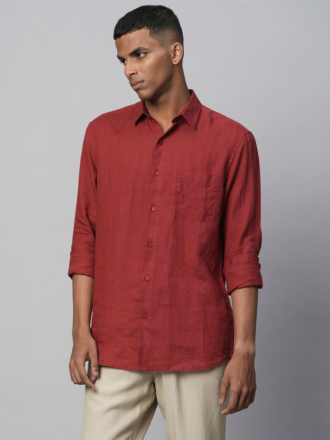 Men's 100% Linen Red Regular Fit Long Sleeved Shirt