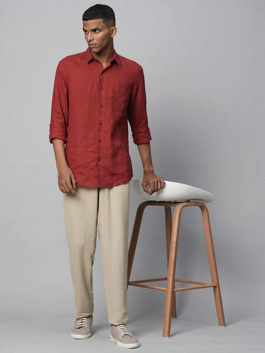 Men's 100% Linen Red Regular Fit Long Sleeved Shirt