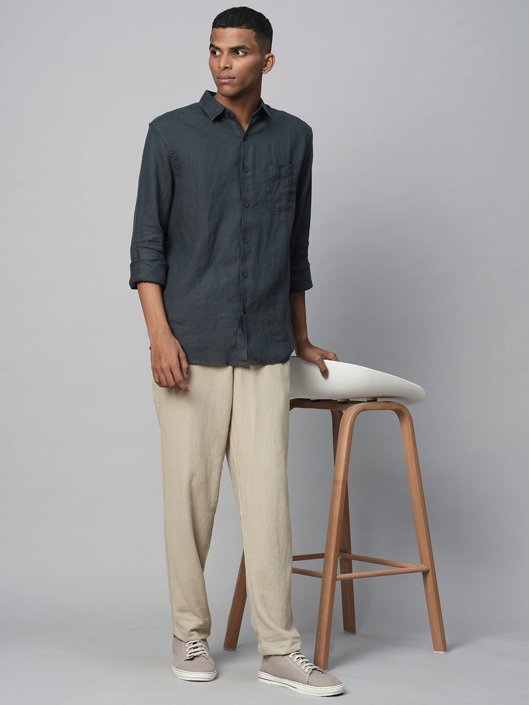 Men's 100% Linen Navy Regular Fit Long Sleeved Shirt