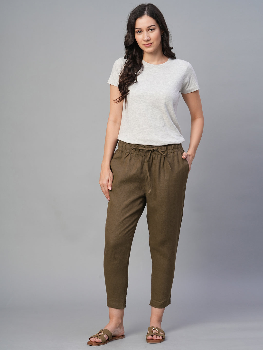 Women's Brown 100% Linen Slim Fit Pant