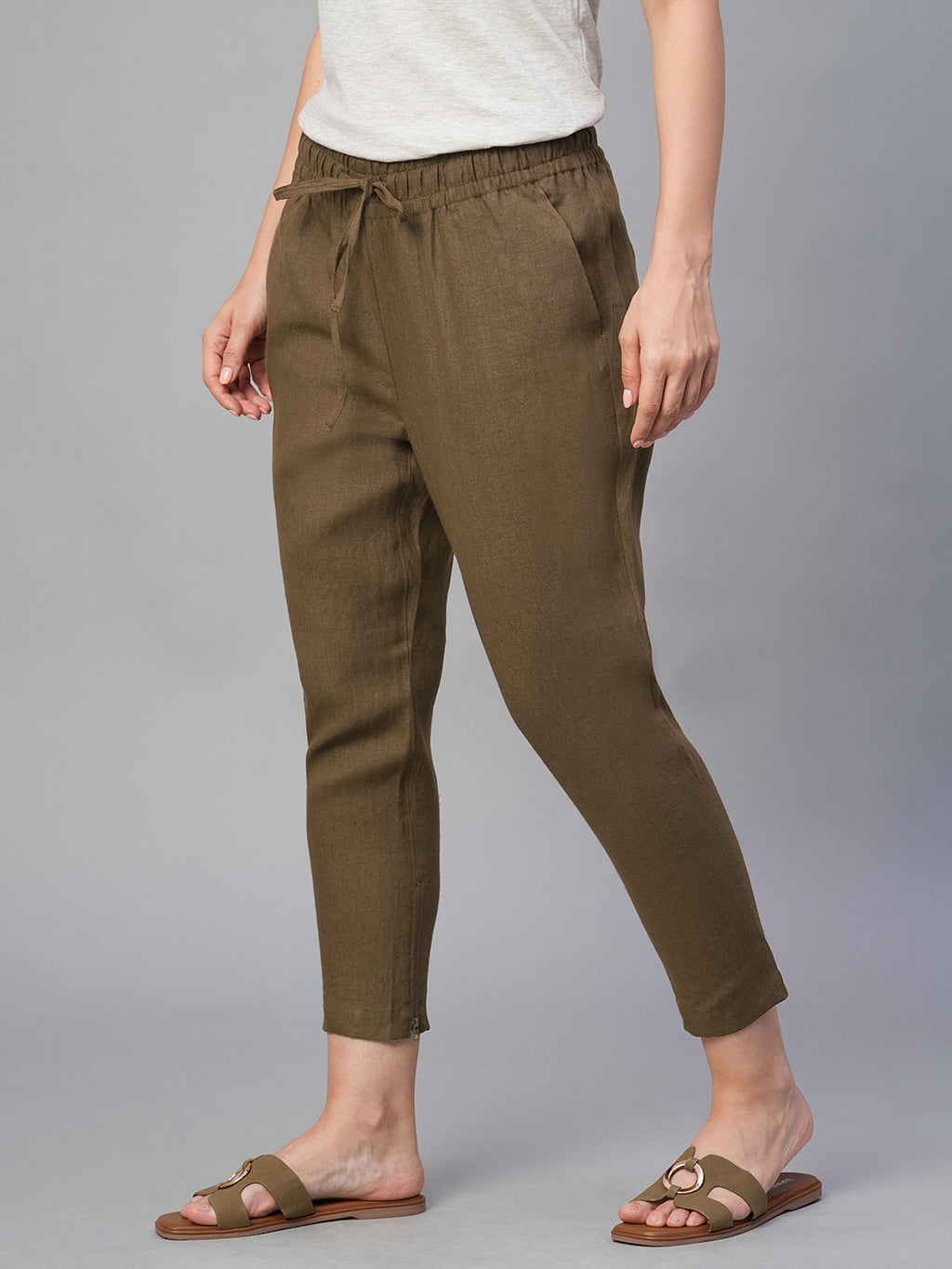 Women's Brown 100% Linen Slim Fit Pant