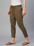 Women's Brown 100% Linen Slim Fit Pant