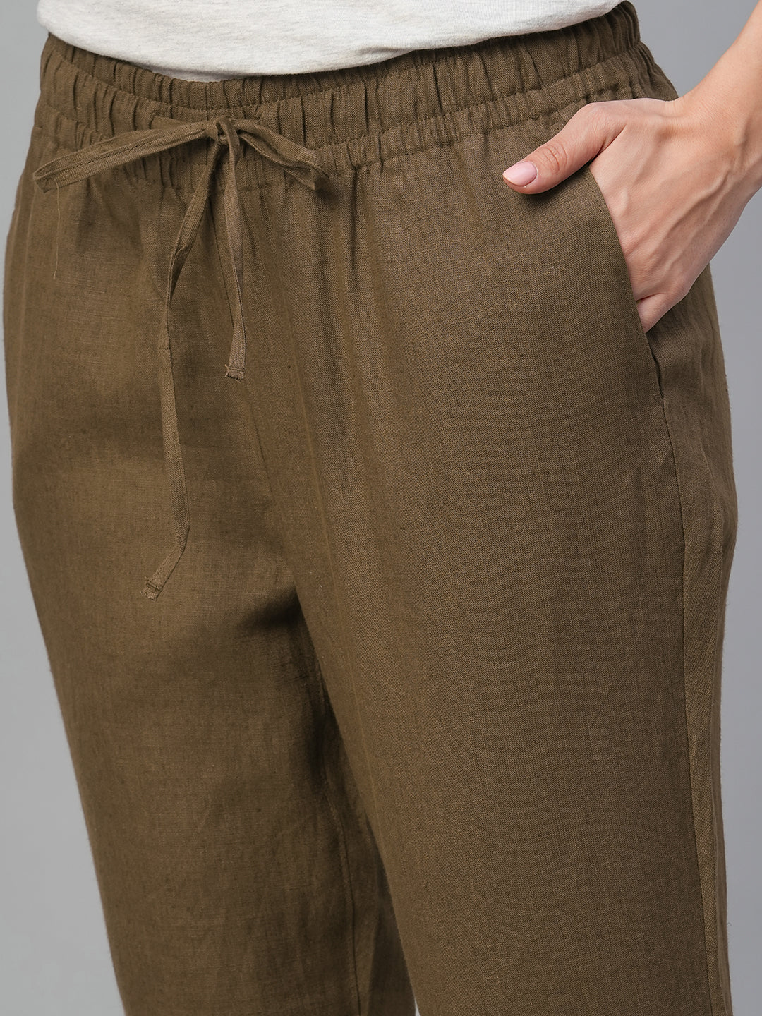 Women's Brown 100% Linen Slim Fit Pant