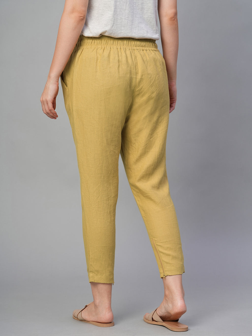 Women's Mustard 100% Linen Slim Fit Pant