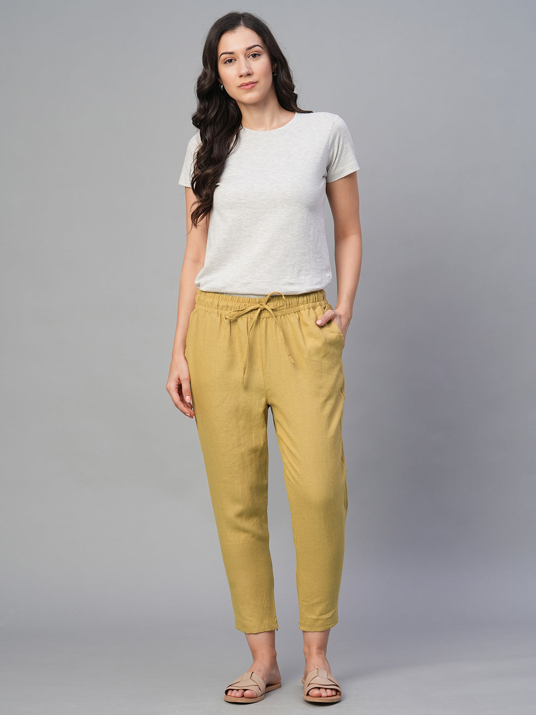 Women's Mustard 100% Linen Slim Fit Pant