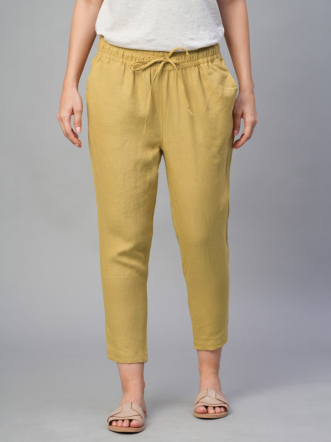 Women's Mustard 100% Linen Slim Fit Pant