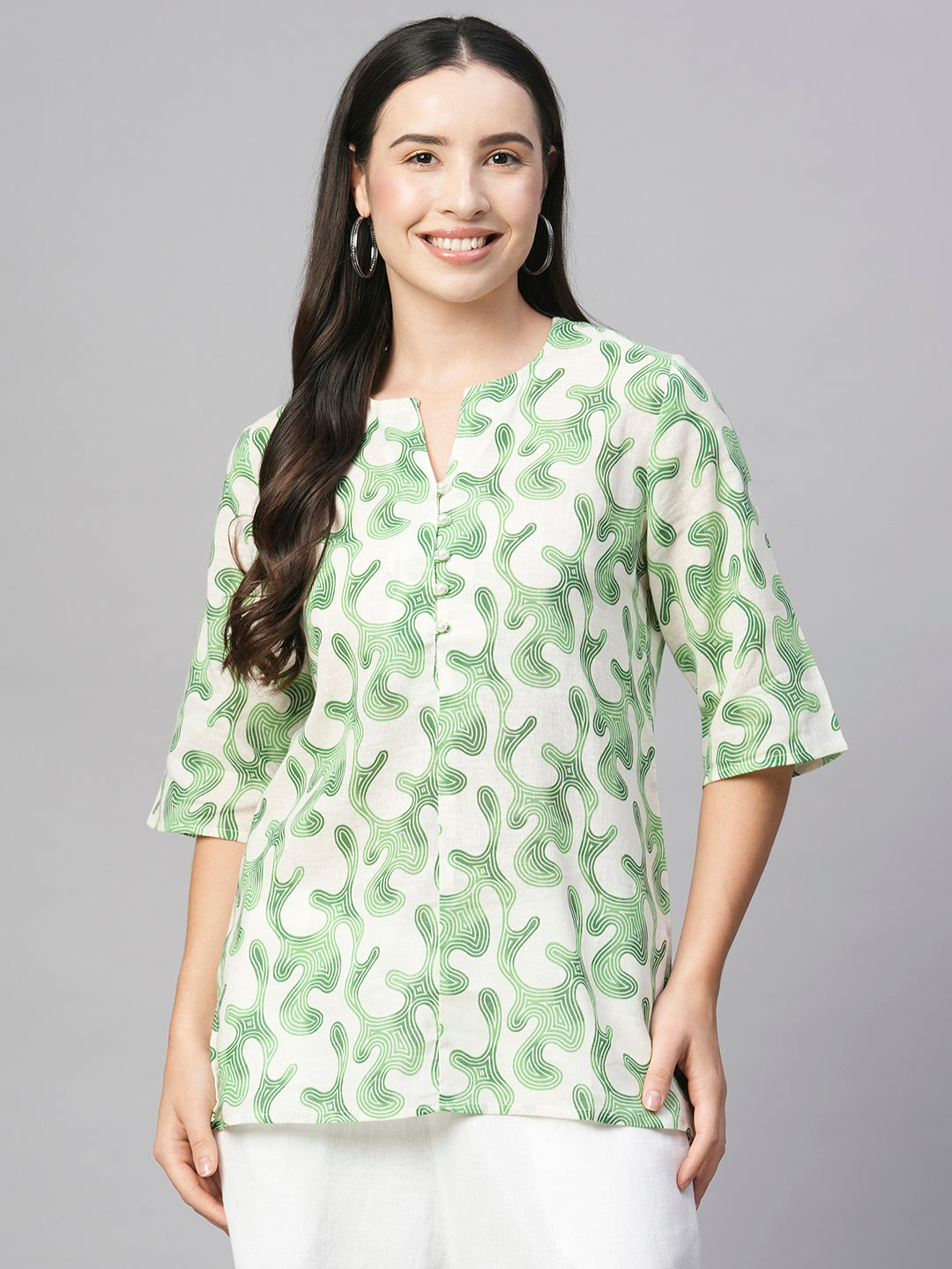 Women's Green Cotton Flax Regular Fit Blouse