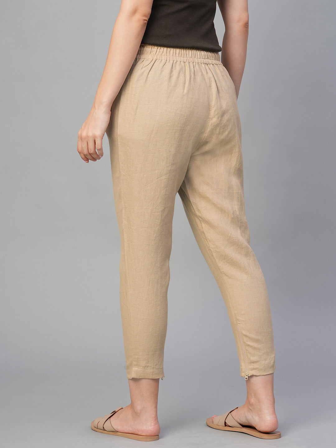 Women's Khaki 100% Linen Slim Fit Pant